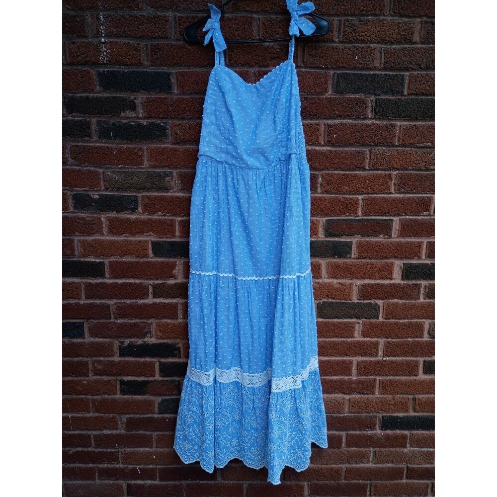 Shabby Chic Women's Maxi Dress Blue White Tiered Eyelet Lace Cottagecore Sz 10